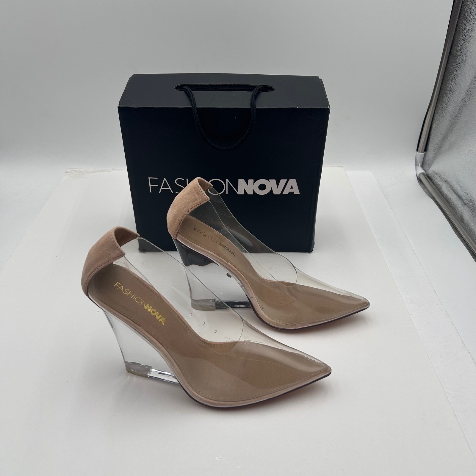Fashion Nova Shes All Clear Here Wedge Nude Clear PVC Pointed Toe Pumps Size 8
