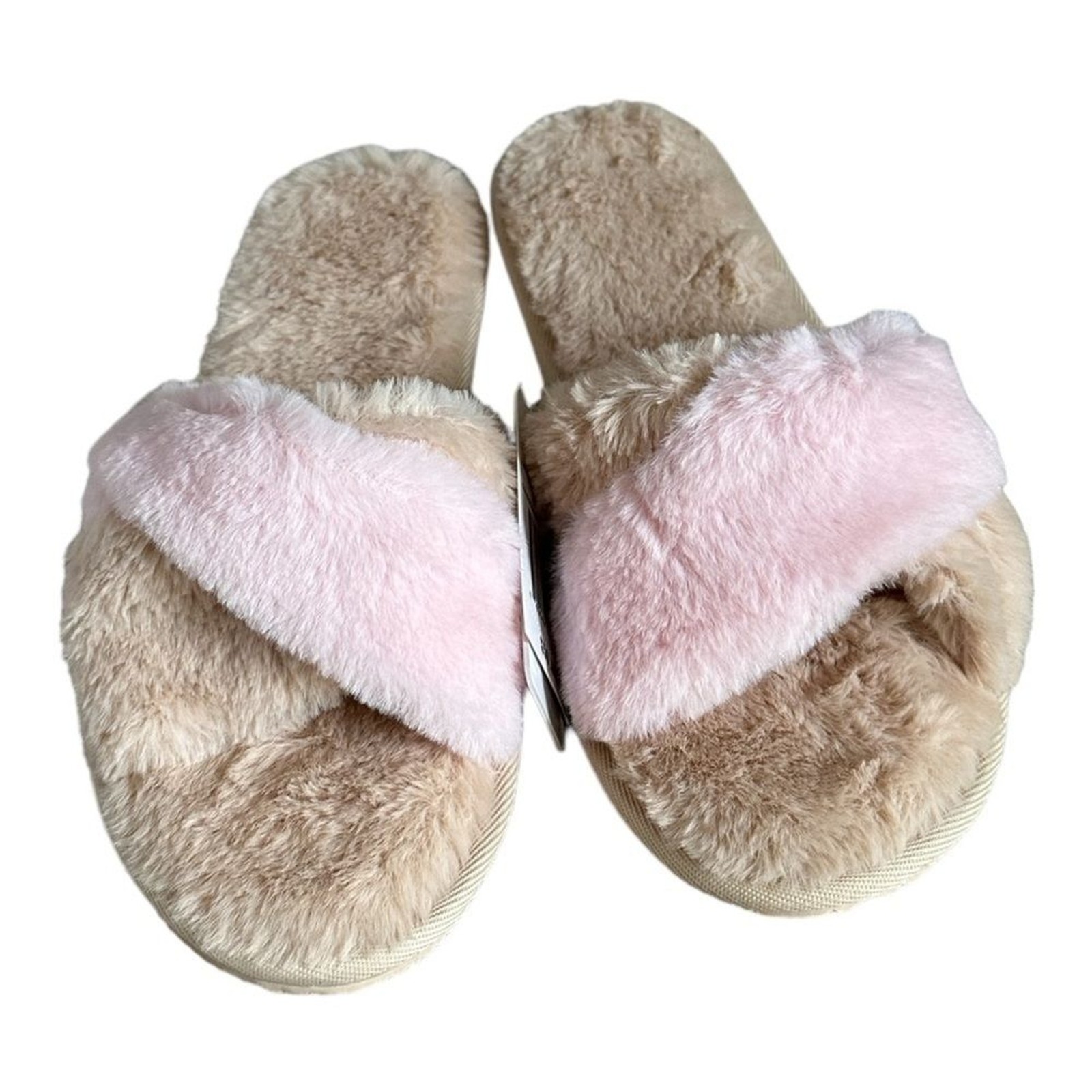 L*Space Anthro Fluffy Cloud Crisscross Slippers M/L Pink Tan NWT Cozy Plush $59