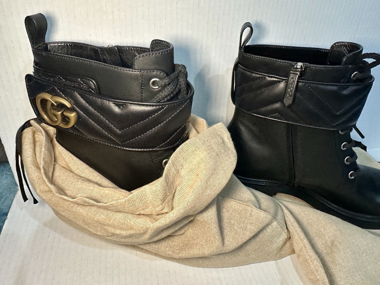 GUCCI Women’s Ankle Boot With Double G Size 40 Black Leather New No Box With Bag