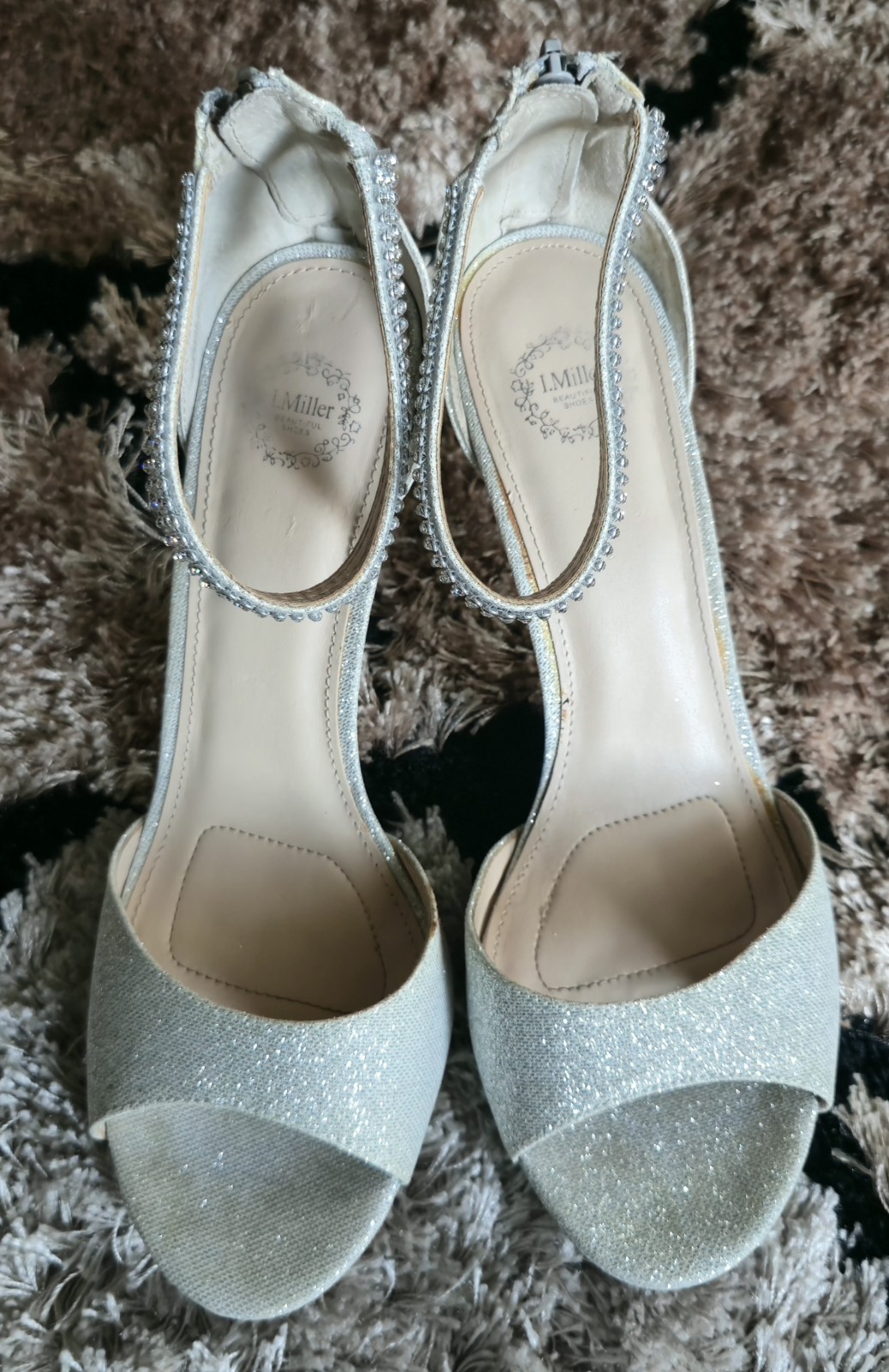 J.Miller Women’s Silver Glitter Rhinestone Ankle Strap Zip Open Toe Heels 10