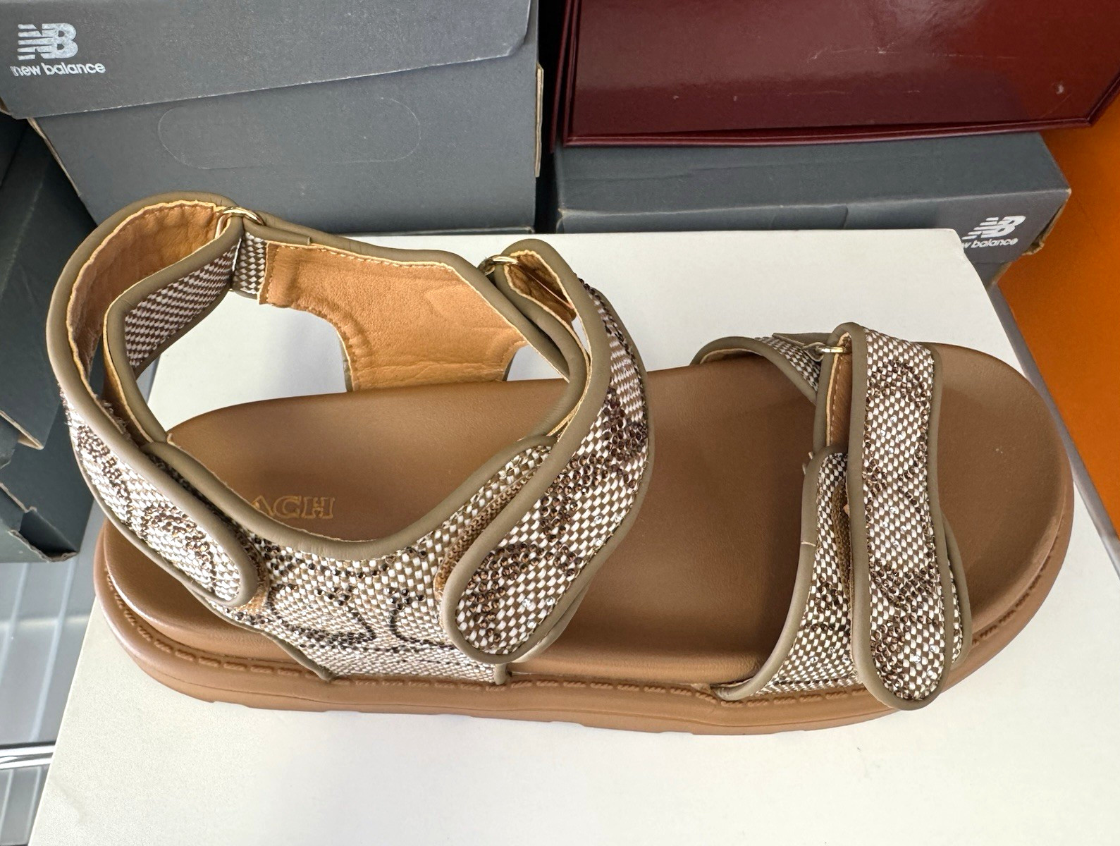 Coach Women’s Brown Beige Monogram Leather Strappy Sandals Ankle Strap 7