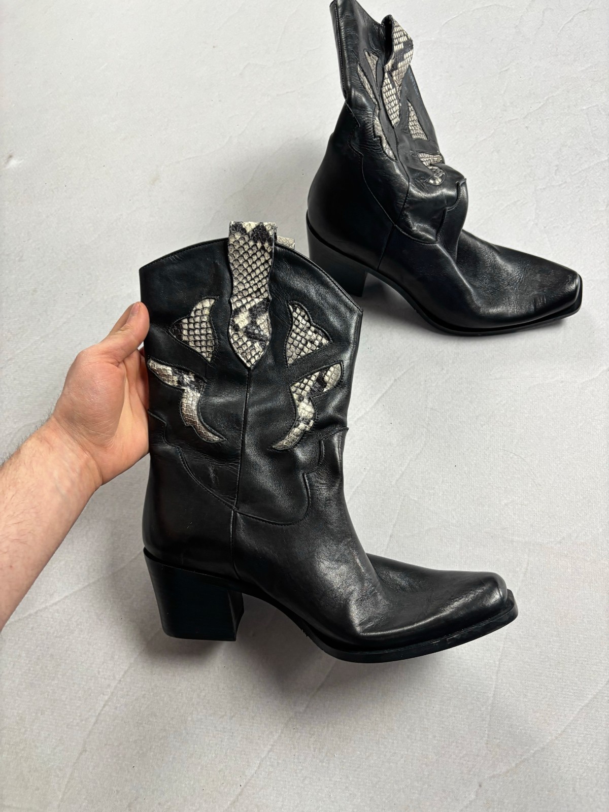 Vintage Italian Leather Cowboy Boots Python Inlay Western Biker Y2K EU 38 Rare