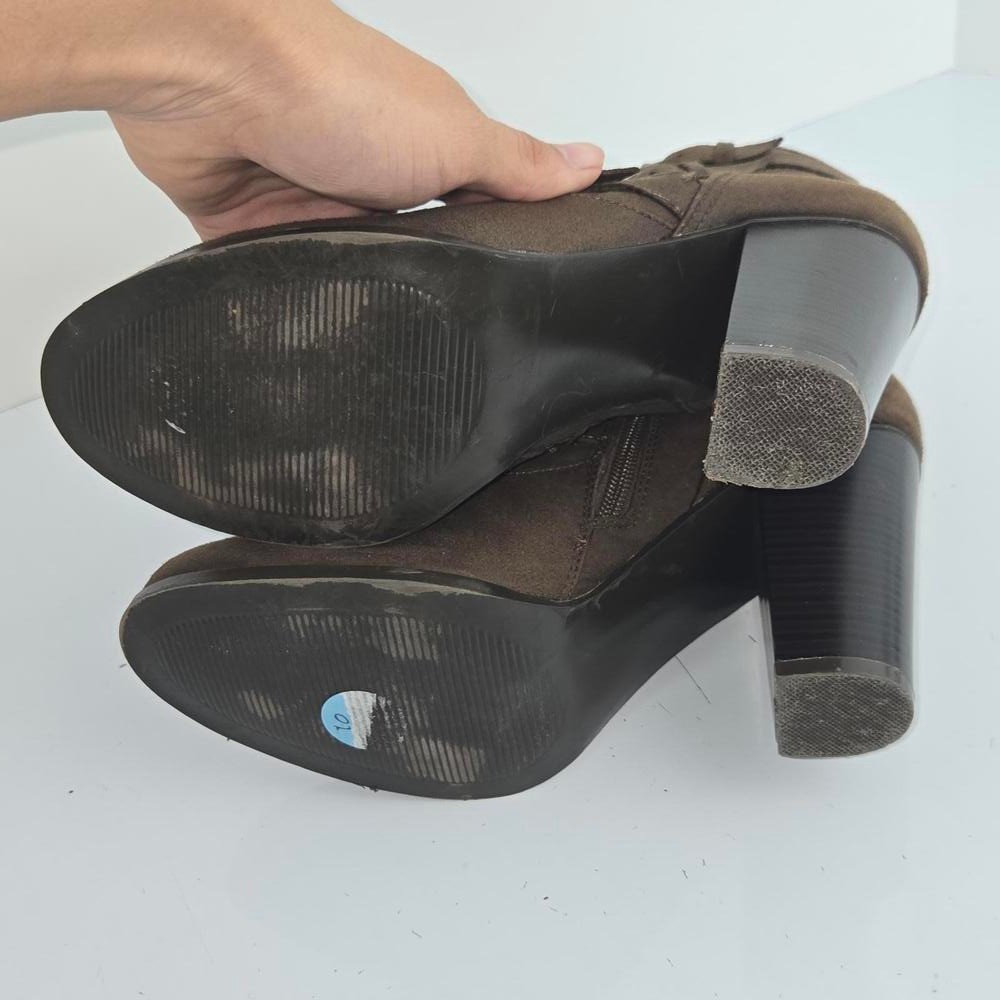PRICE DROP JustFab Binnae High Heeled Bootie Brown Suede Multi-Straps Sz 10
