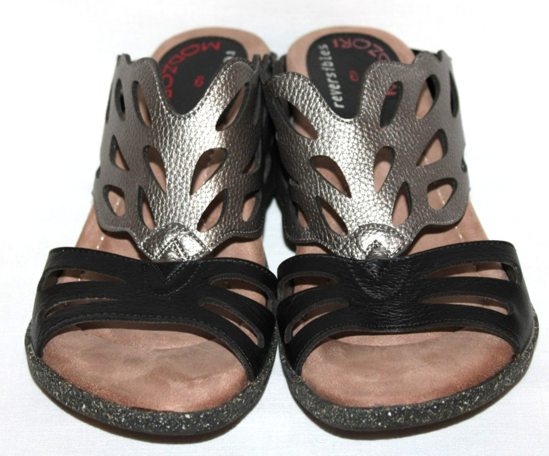 Modzori Black & Silver Low Wedge Reversible Retro Sandals Women’s Size 9