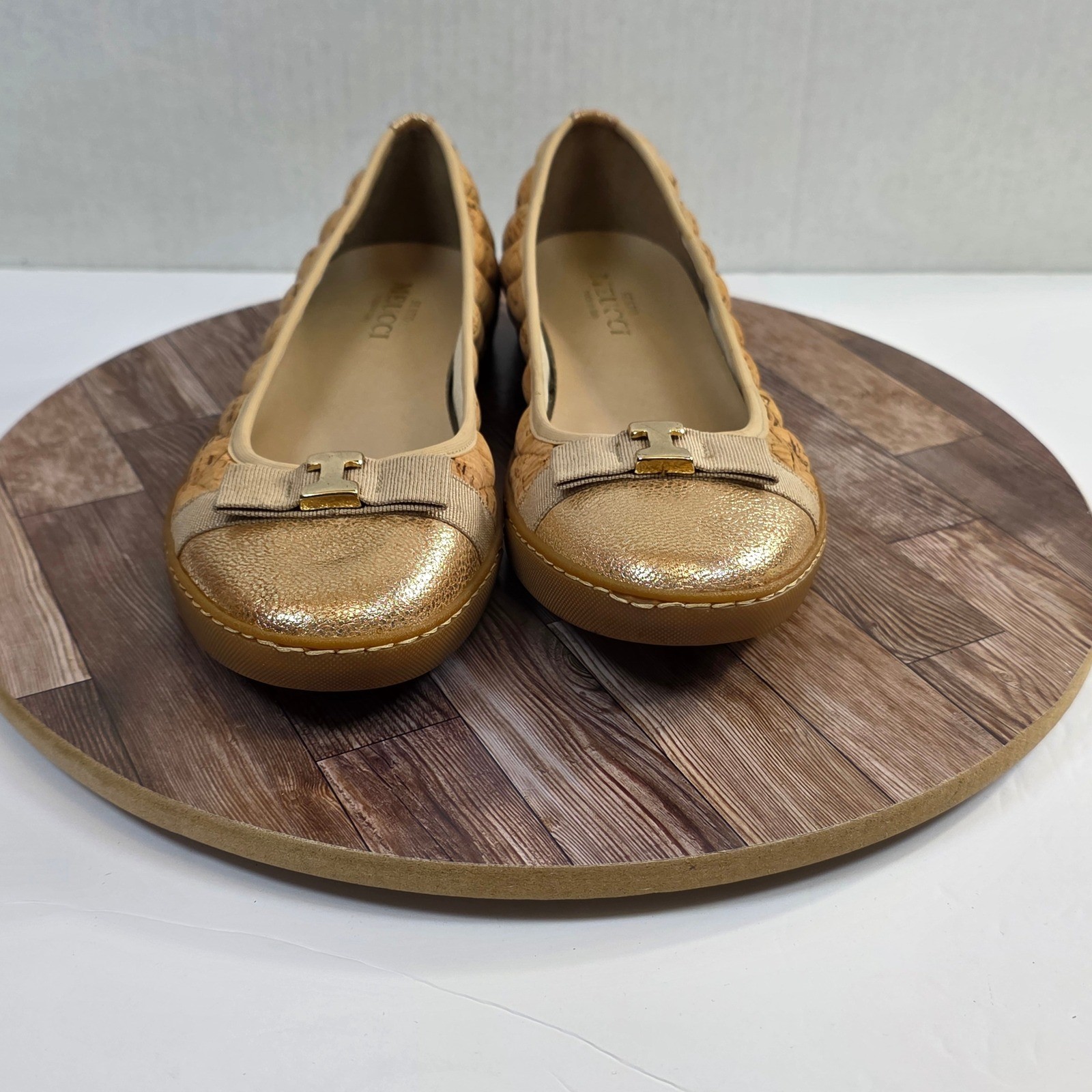 Sesto Meucci Ballet Flats Womens 10N Gold Cork Quilted Bow Metallic Toe