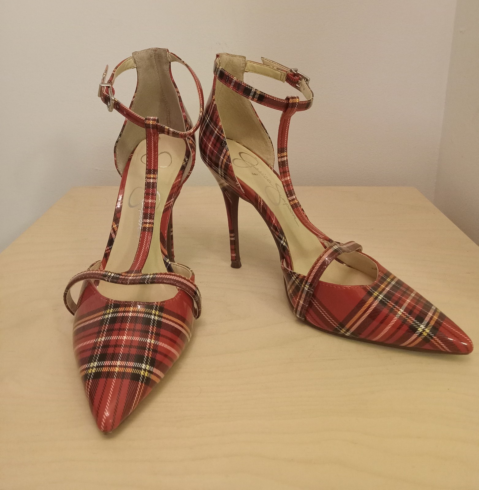 Jessica Simpson Red Plaid Pointed-Toe Ankle-Strap Heels