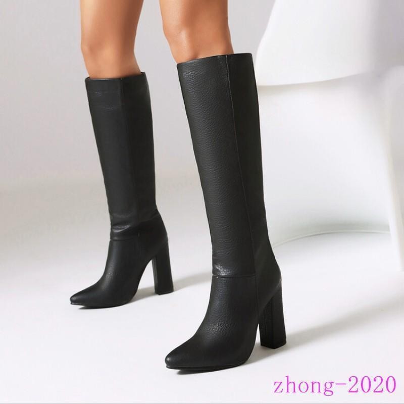 Chic Women’s Faux Leather Block Heel Knee High Boots Casual Outdoor Party Shoes