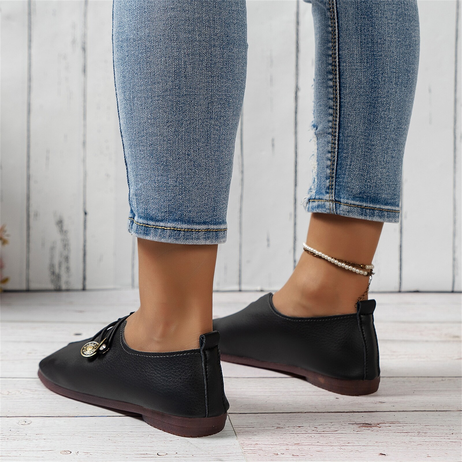 Weiche flache Damenschuhe mit Retro-Schnalle Freizeit Vielseitig Slip On Loafers