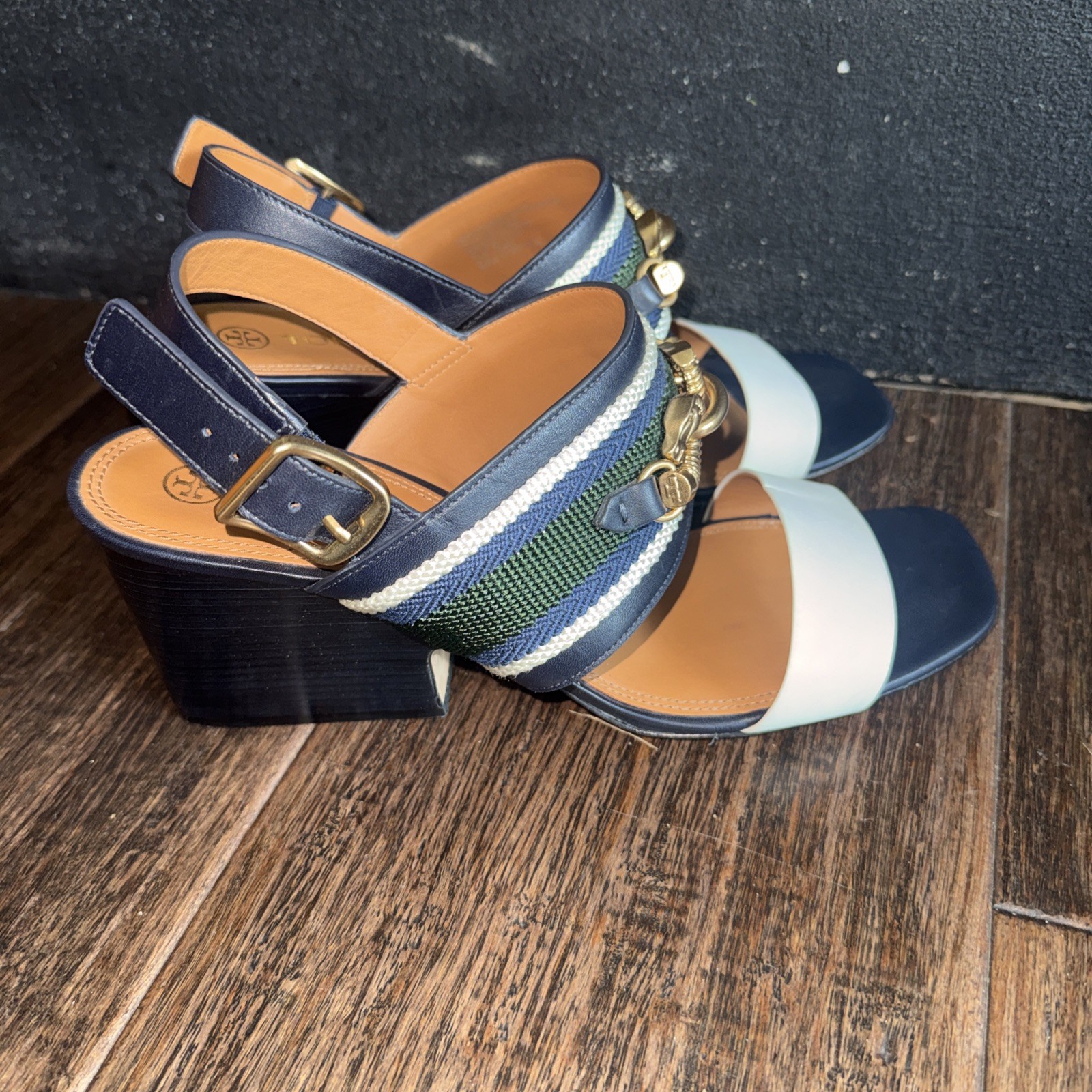 Tory Burch Jessa Slingback Block-Heel Sandals Size 10.5 Snake Gold Buckles