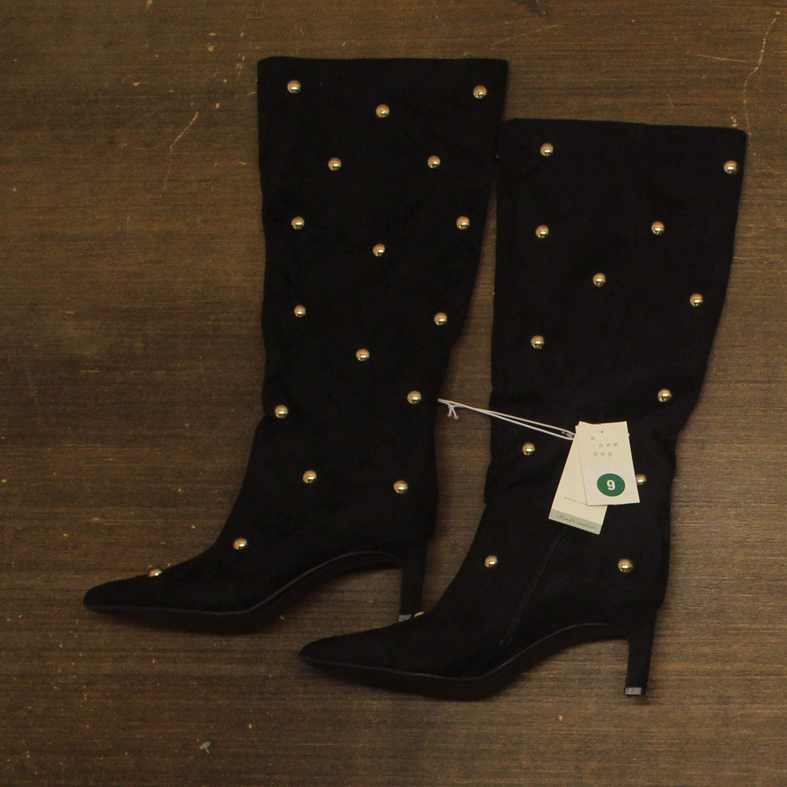 A New Day Studded Faux Suede Mid-Calf Boots with Cone Heel Jet Black / Gold 9M