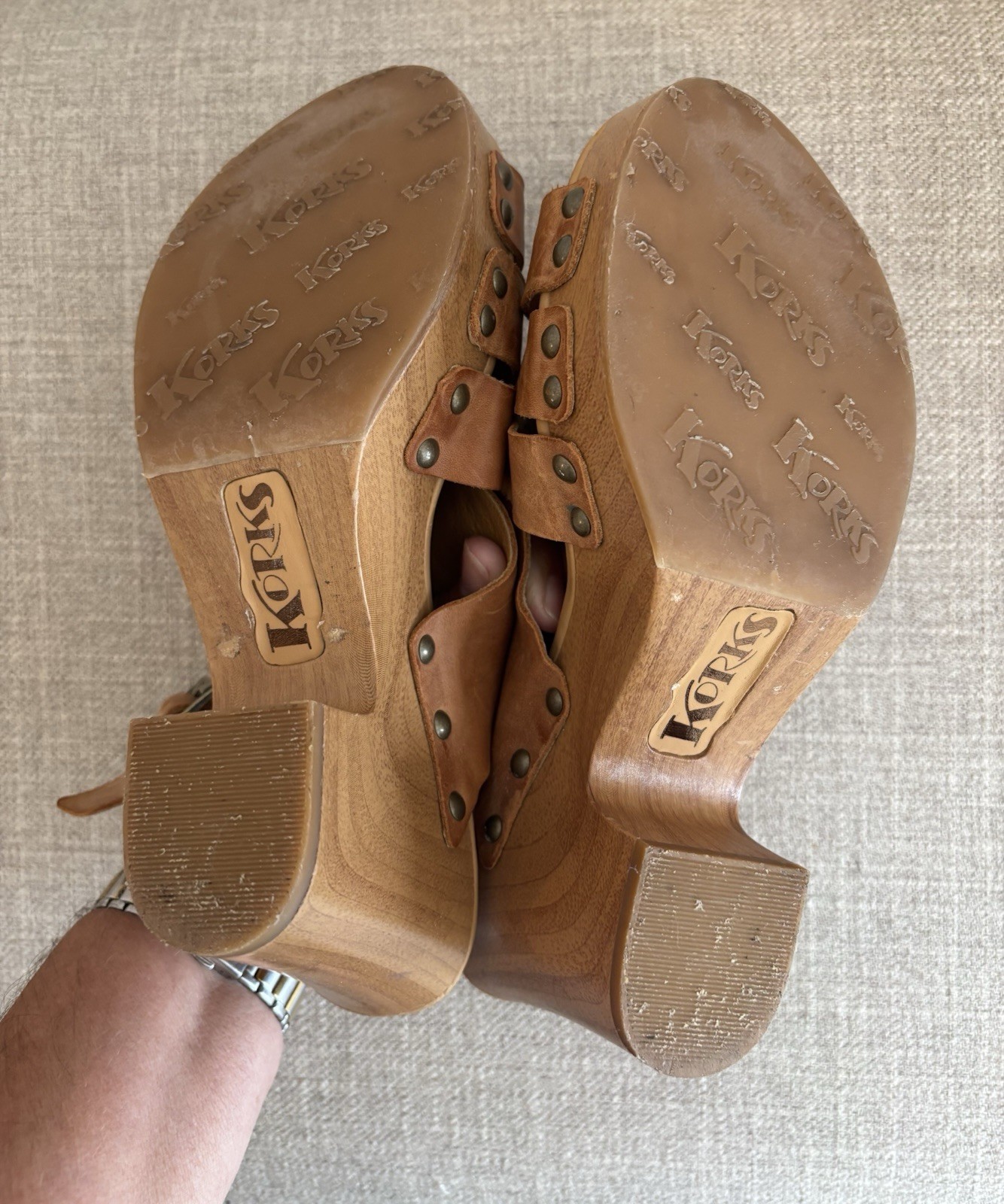 Korks Platform Sandals Womens Size 7M Tan Leather Berengo 3.25″ Wood Heel
