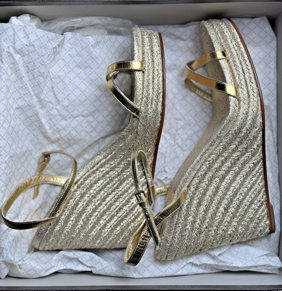 Gucci Lia Raffia Wedge Espadrille Sandals Gold Womens 40 Made in Spain-Pre Owned