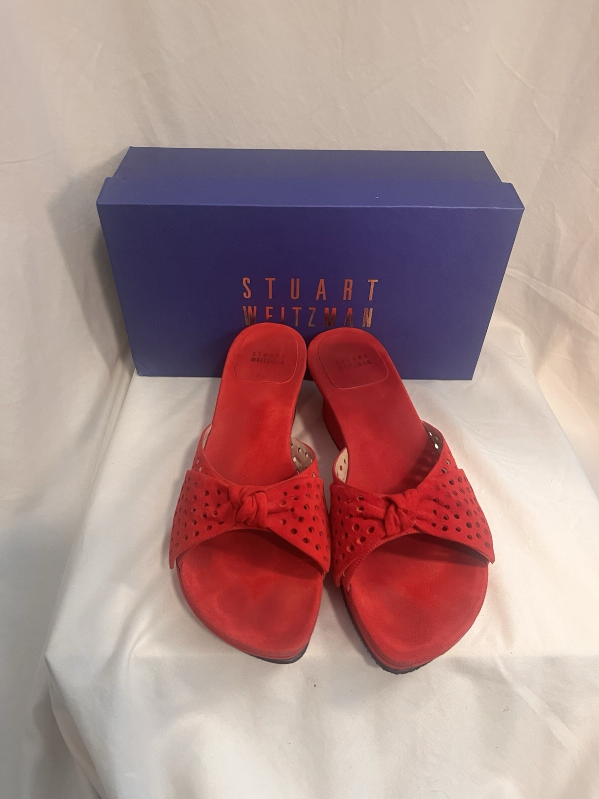 Stuart Weitzman Red Suede Perforated Bow Wedge Platform Slides ONS 9N