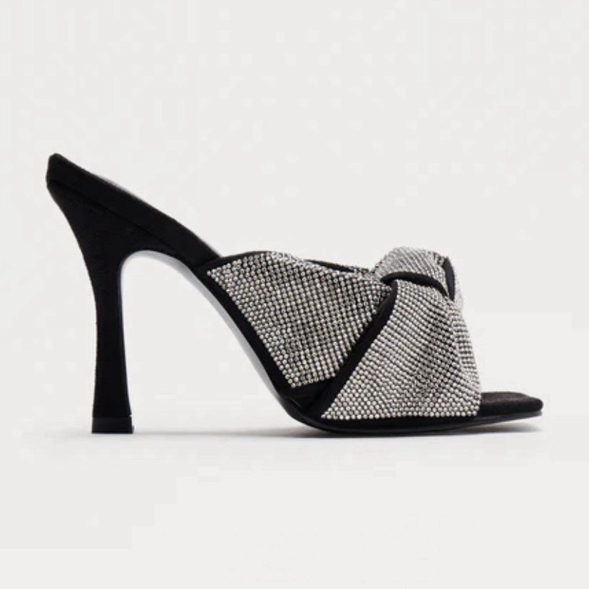 Wild Diva Black Silver Rhinestone Bow Slip-On Slide Sandals Women’s Size 6.5