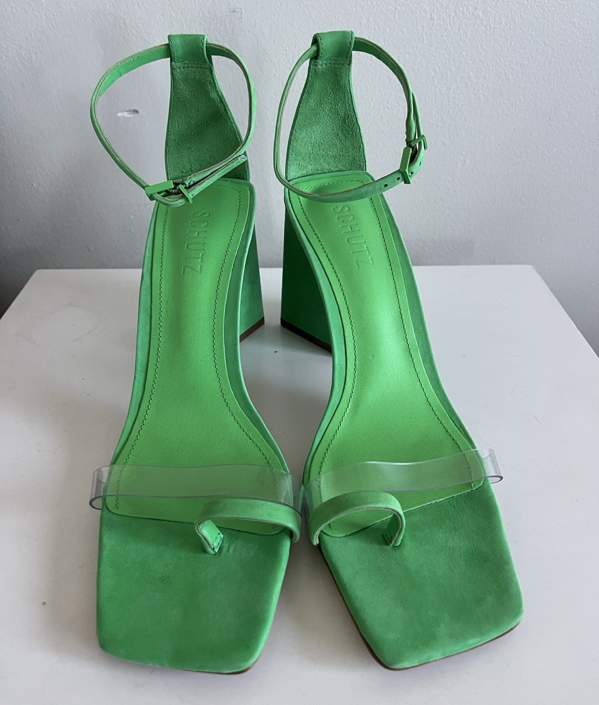 SCHUTZ Bright Green Suede Block Heel Sandals with Clear Toe Strap size 9