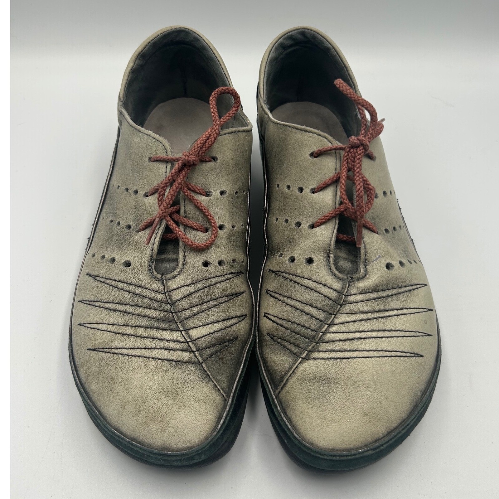 Naot Leather Lace Up Comfort Shoes Gray Black Distressed Stitch Detail Womens 38