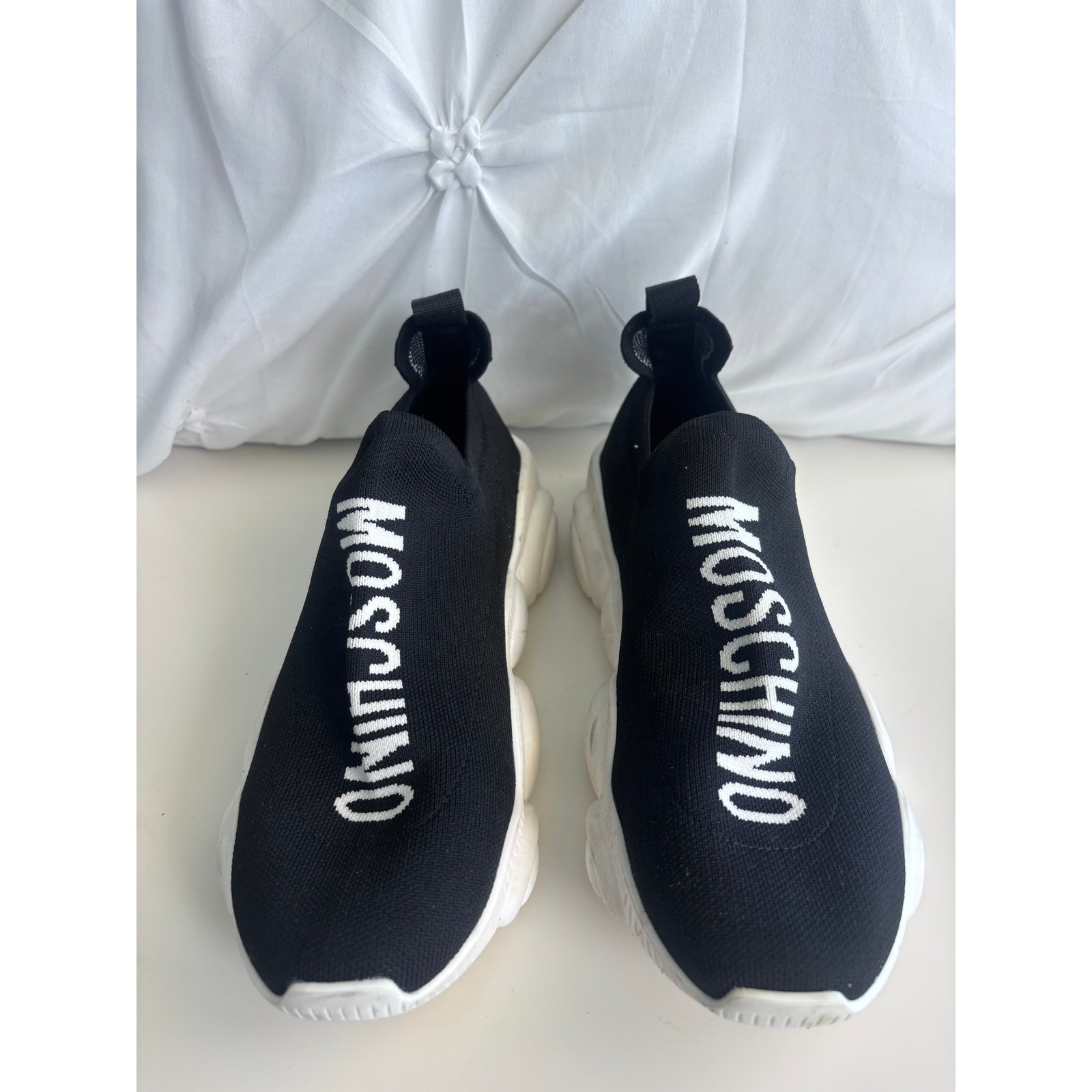 Moschino Couture Stretch Fabric Black Knit Slip On Sneakers Women’s Size 39