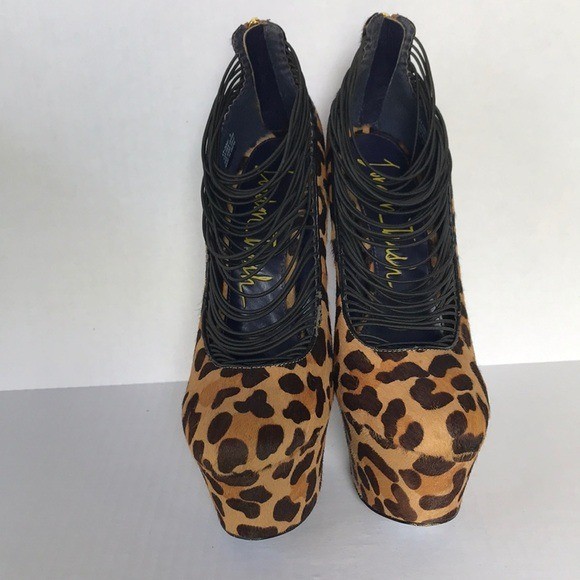 London Trash Ceres Heels 9M Leopard Pony Hair Platform Stilettos Elastic Band