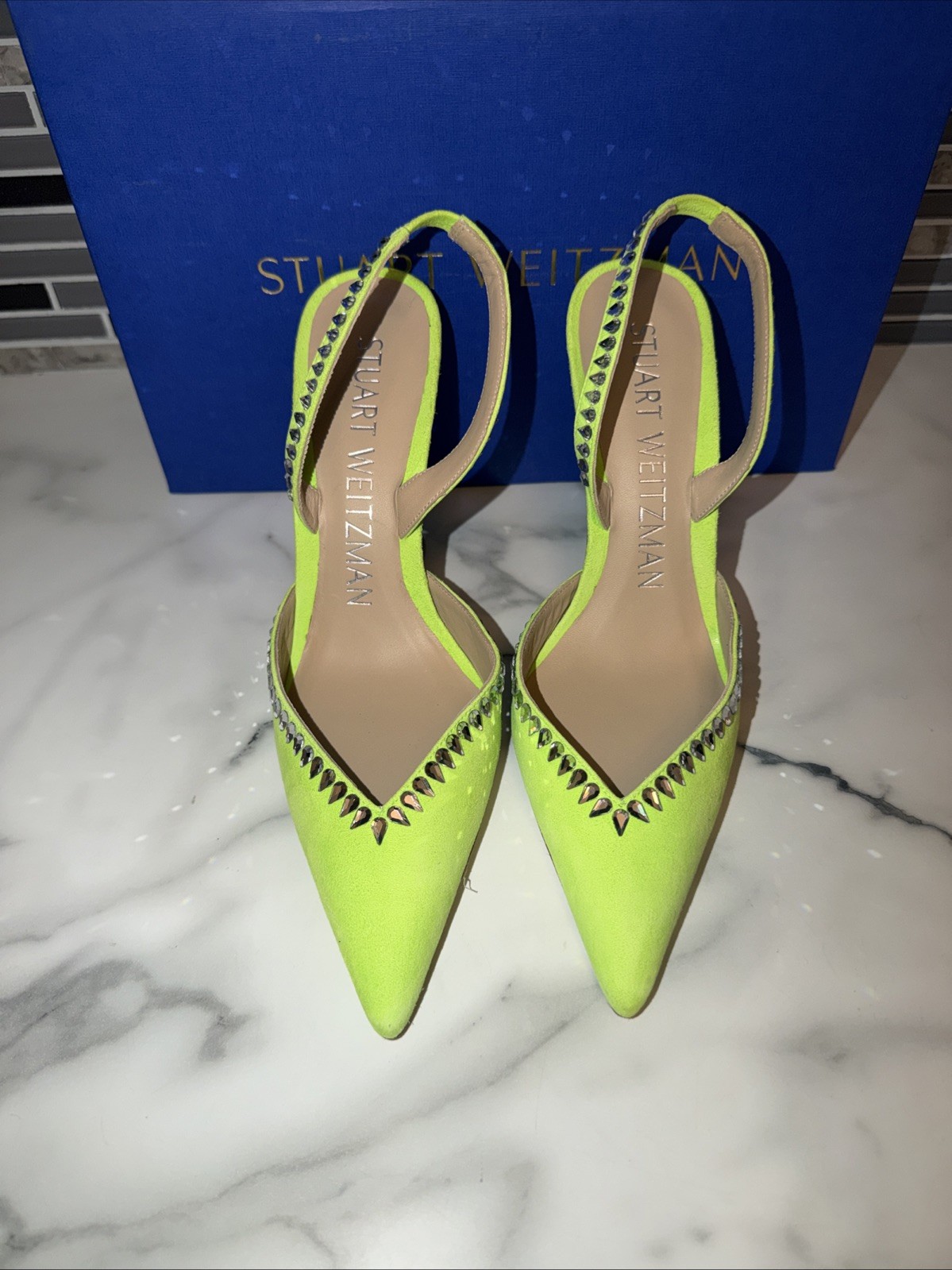 Stuart Weitzman GEMCUT XCURVE 100SLINGBACK Neon Green Suede Swarovski Crystal 6B