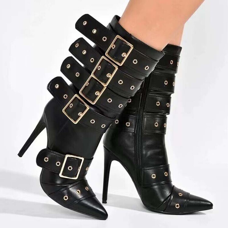 Womens Pointed Toe Buckles Punk High Stiletto Heels Mid Calf Boots Zipper Runway
