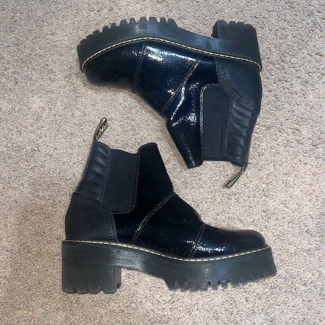 Dr. Martens Rozalie Distressed Patent Heeled Chunky Chelsea Boots Black 9