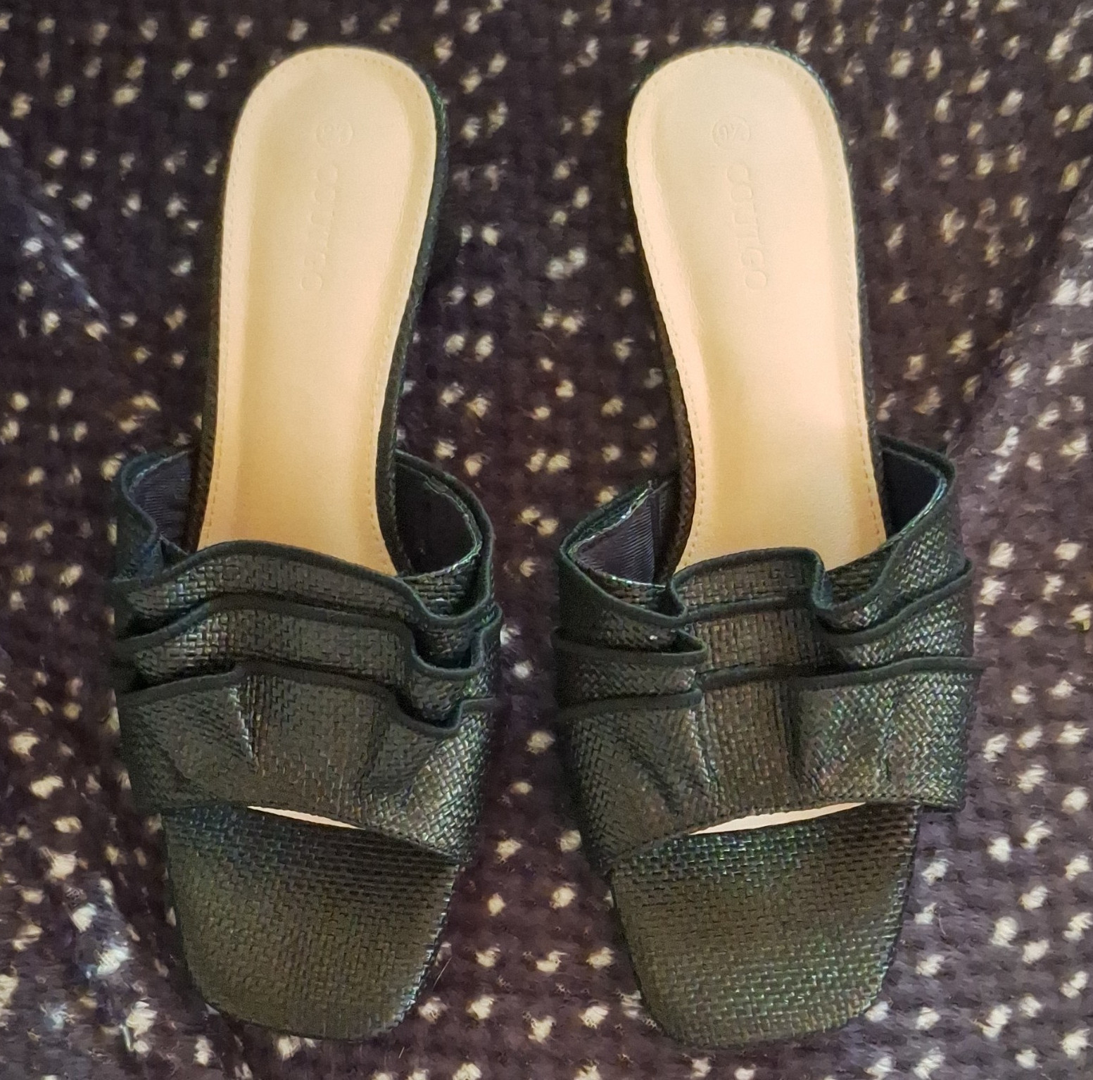 Coutgo Women’s Black Slide Sandals Ruffle Slip-On Open Toe Block Heel 9.5