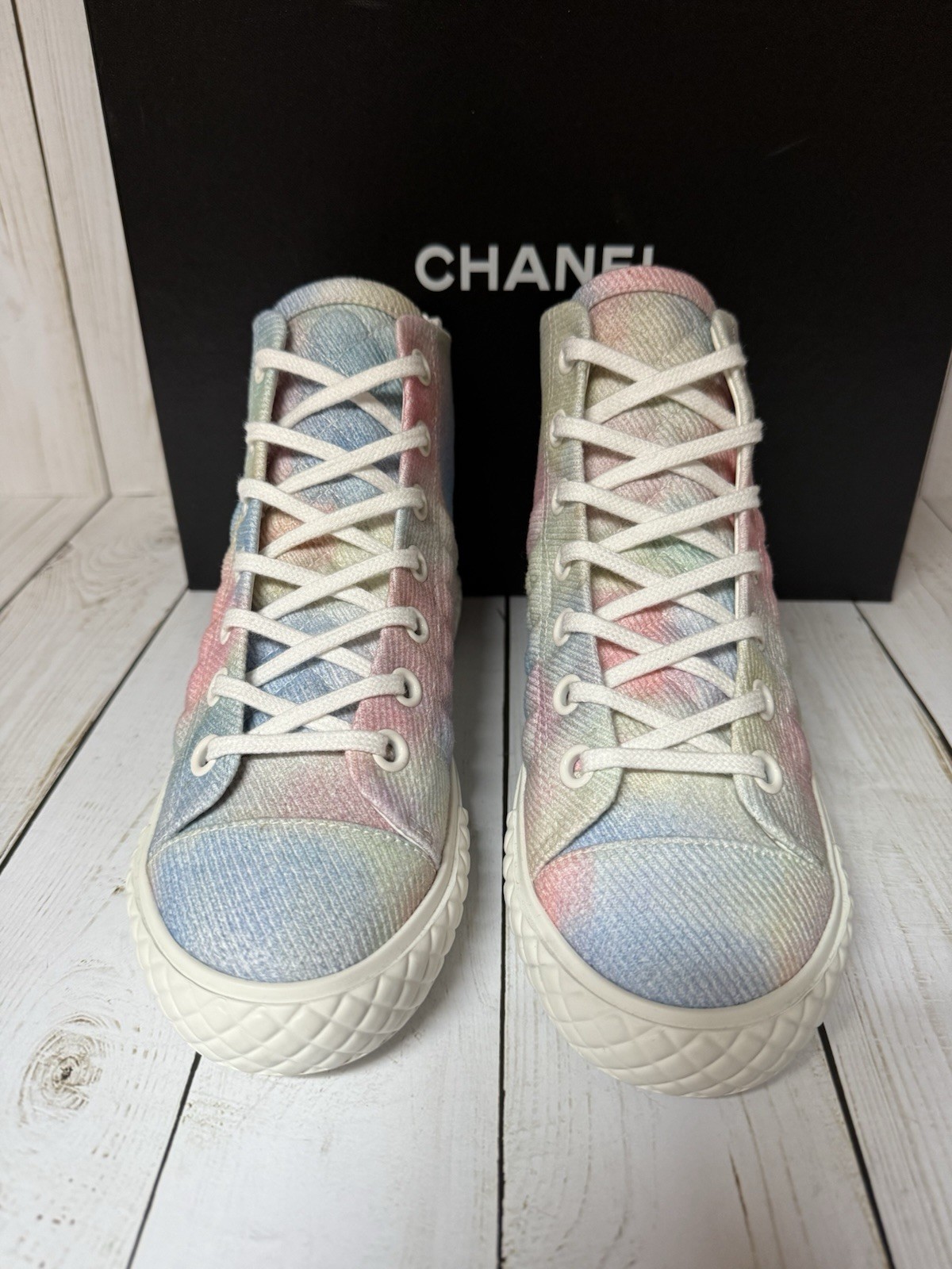CHANEL Printed Fabric Quilted High Top Sneakers Green Pink Blue Sz 36 / 6