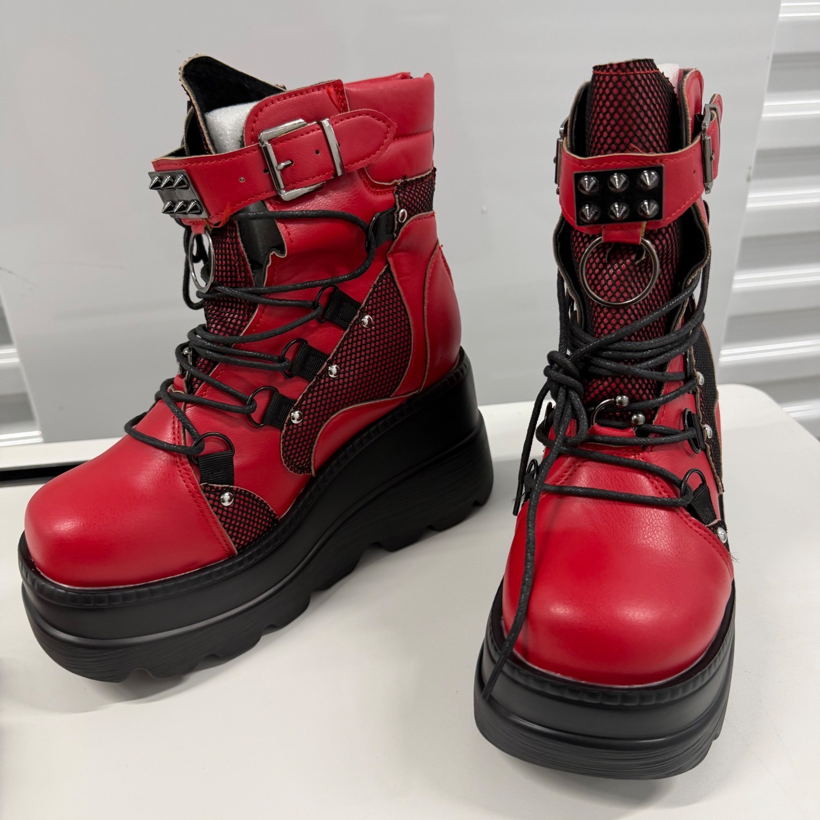 Red Platform Boots Gothic Punk Studded Mesh Wedge Ankle Boots Red Black Size 38