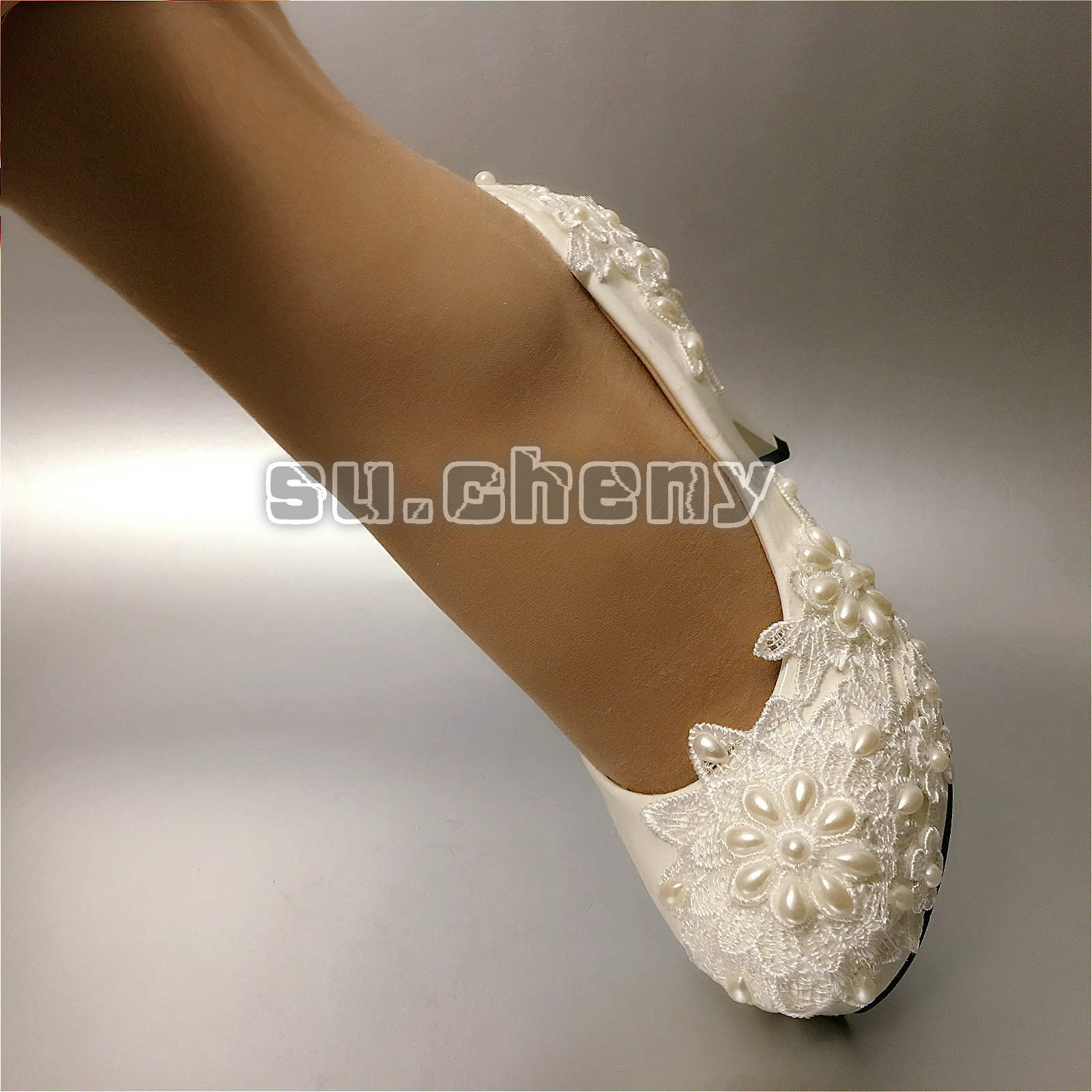 su.cheny 2/3/4»heel white pearl lace Wedding Bridal flats pump heels shoes 5-13