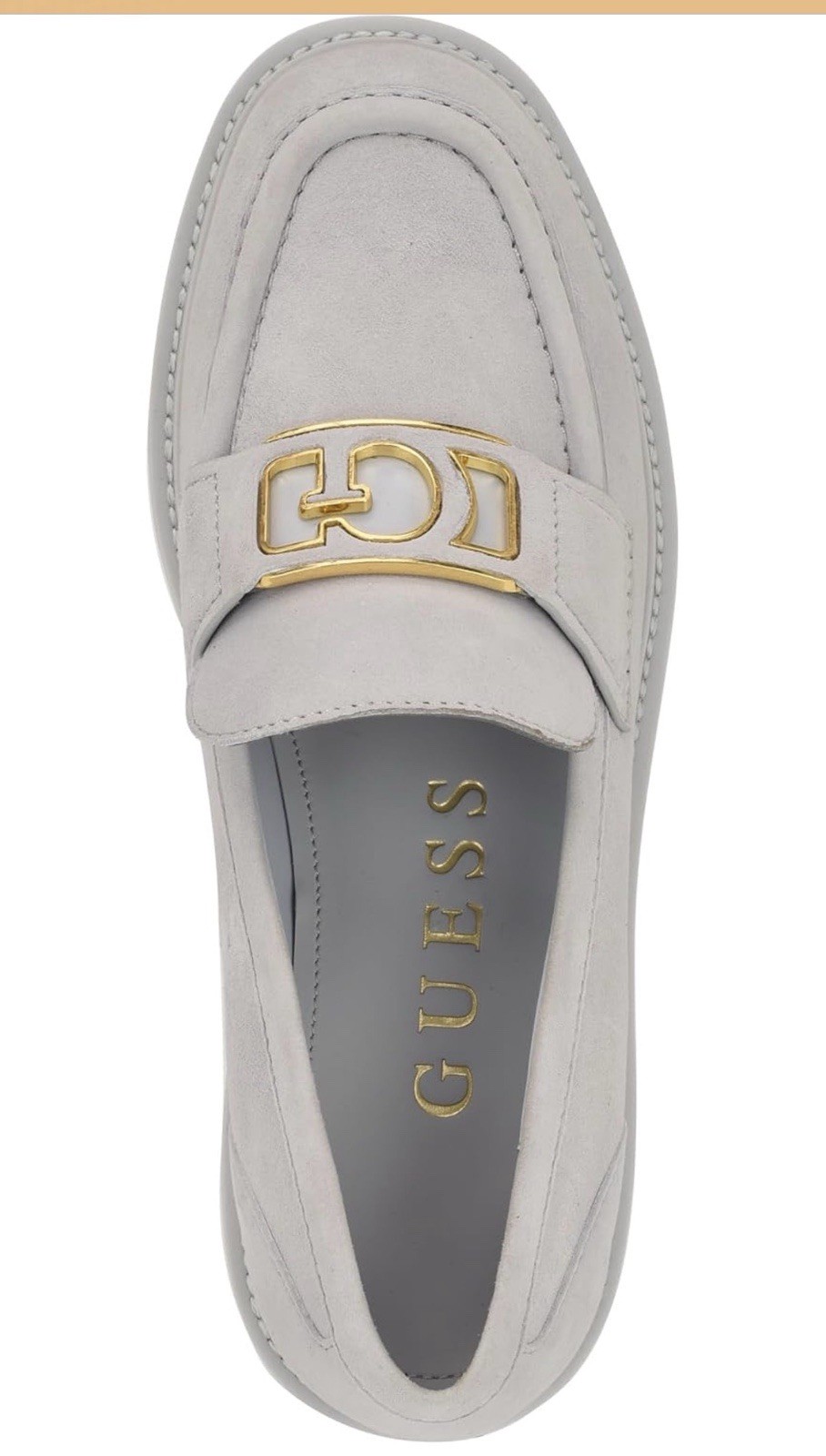 GUESS Women’s Gray Suede Slip-On Loafer Flats Round Toe Gold Logo Accent 7