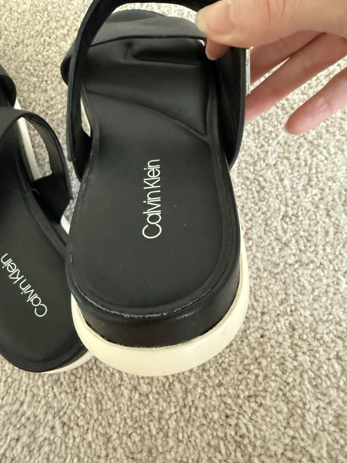 Calvin Klein Black Slide Sandals Leather Upper Logo Straps US 8 EU 38