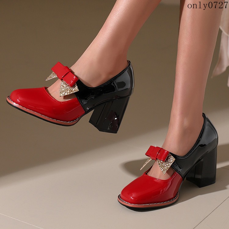 Women’s Colorblock Shiny Faux Leather Bowknot Sequins High Block Heel Shoes Plus
