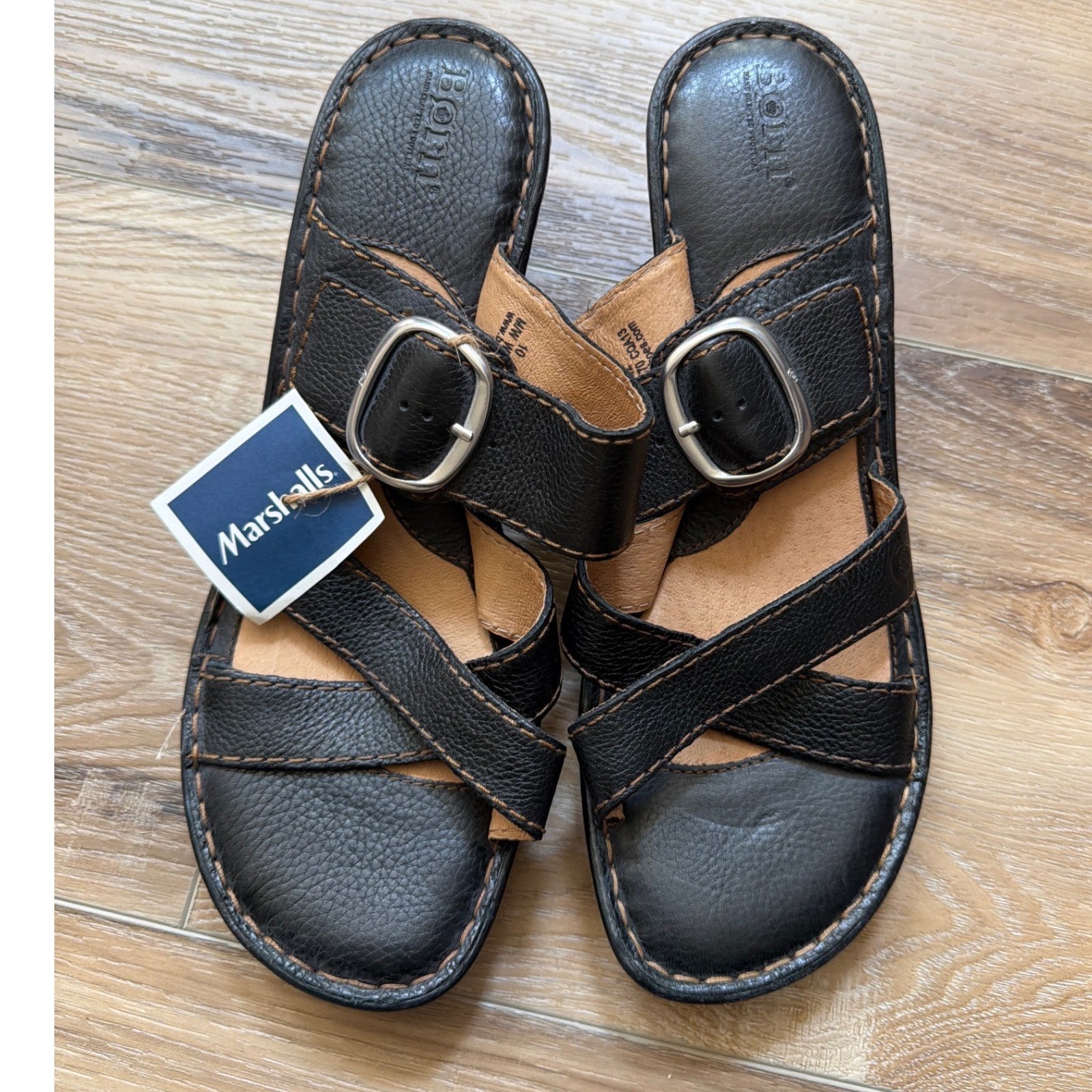 Børn Black Leather Crisscross Buckle Wedge Sandals Size 10 Slip On NWOB Shoes