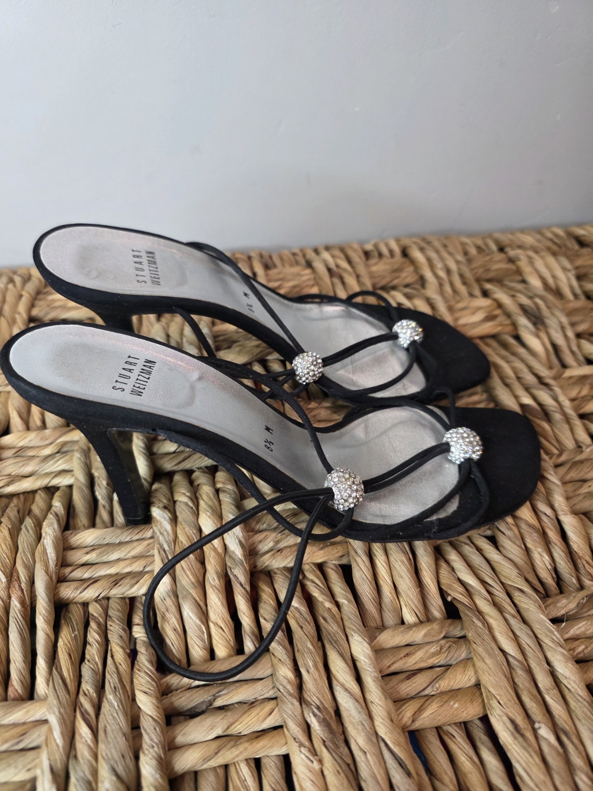Stuart Weitzman Rhinestone Strappy Slingback Heels Black Satin Women’s 8.5 M