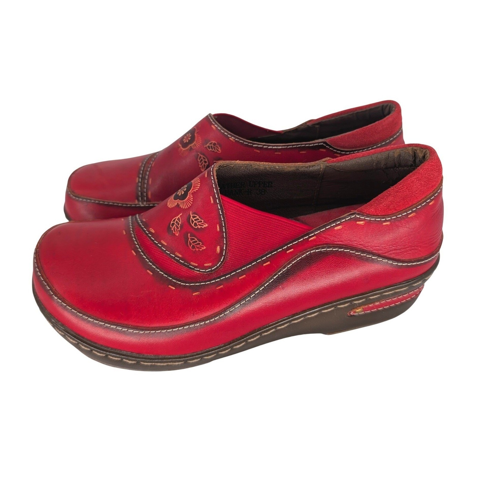 Spring Step Burbank Clog Loafer Women 38 Red Leather Floral Stitched Boho Artsy