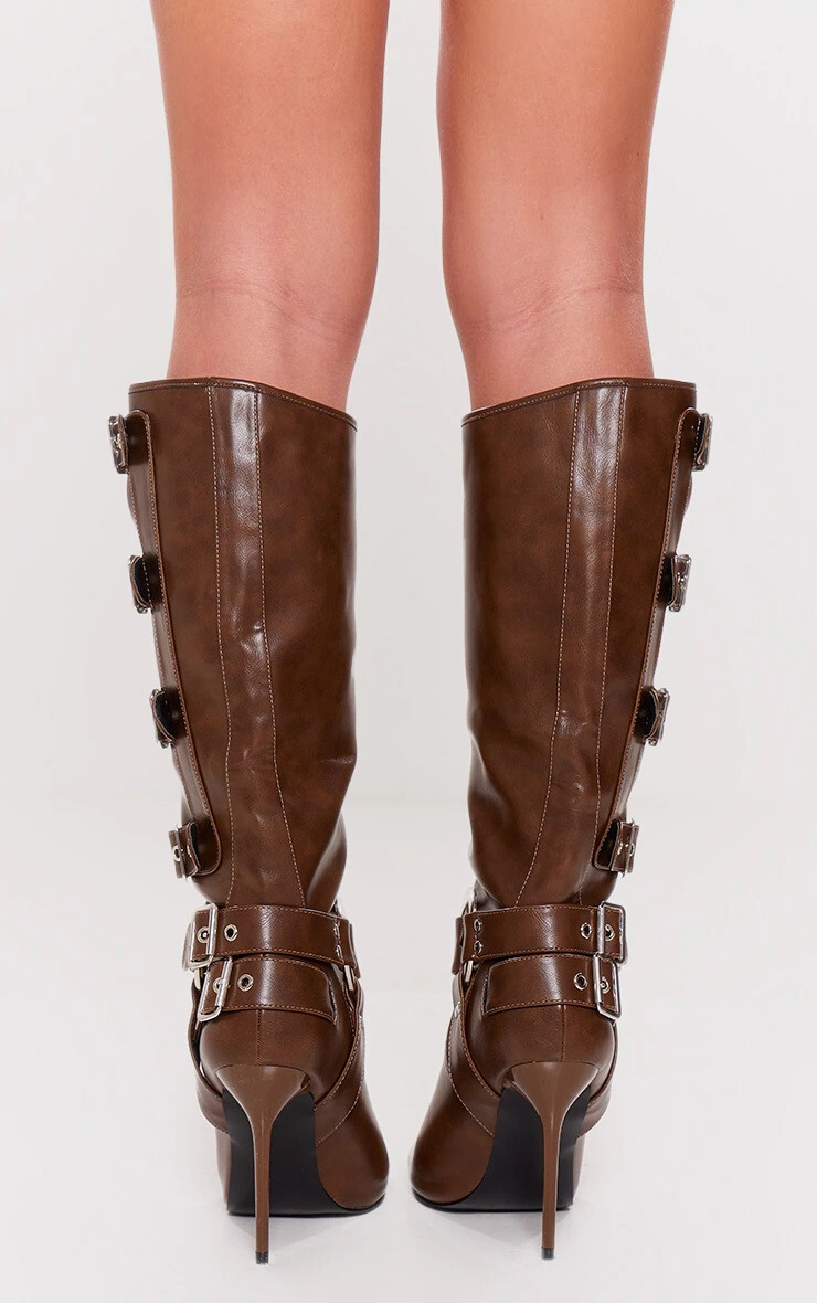 Pretty Little Thing Chocolate PU Point Toe Buckle Knee High Heel Boots Size 5