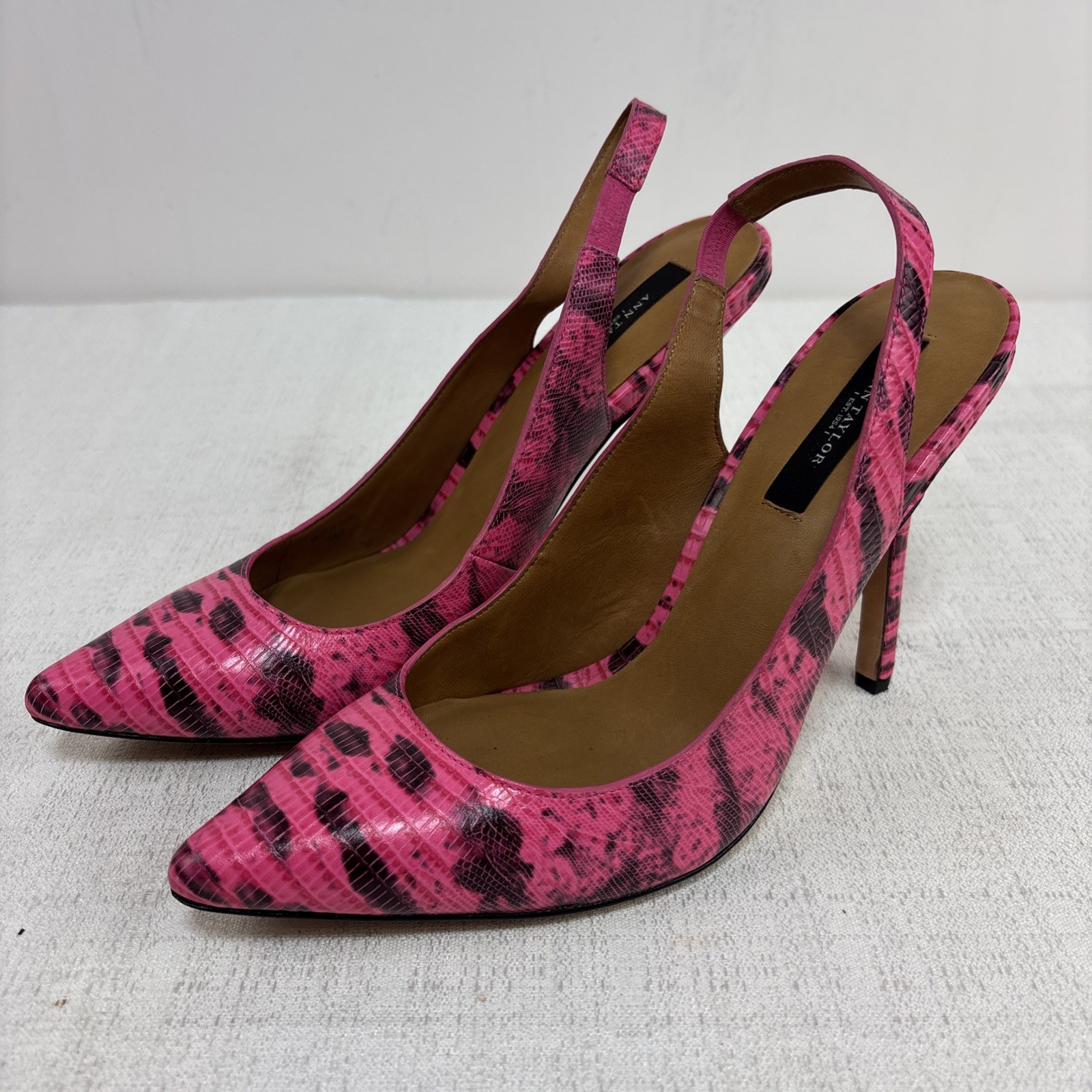 Ann Taylor Pink & Black Snakeskin Print Slingback Pump Leather Size 9