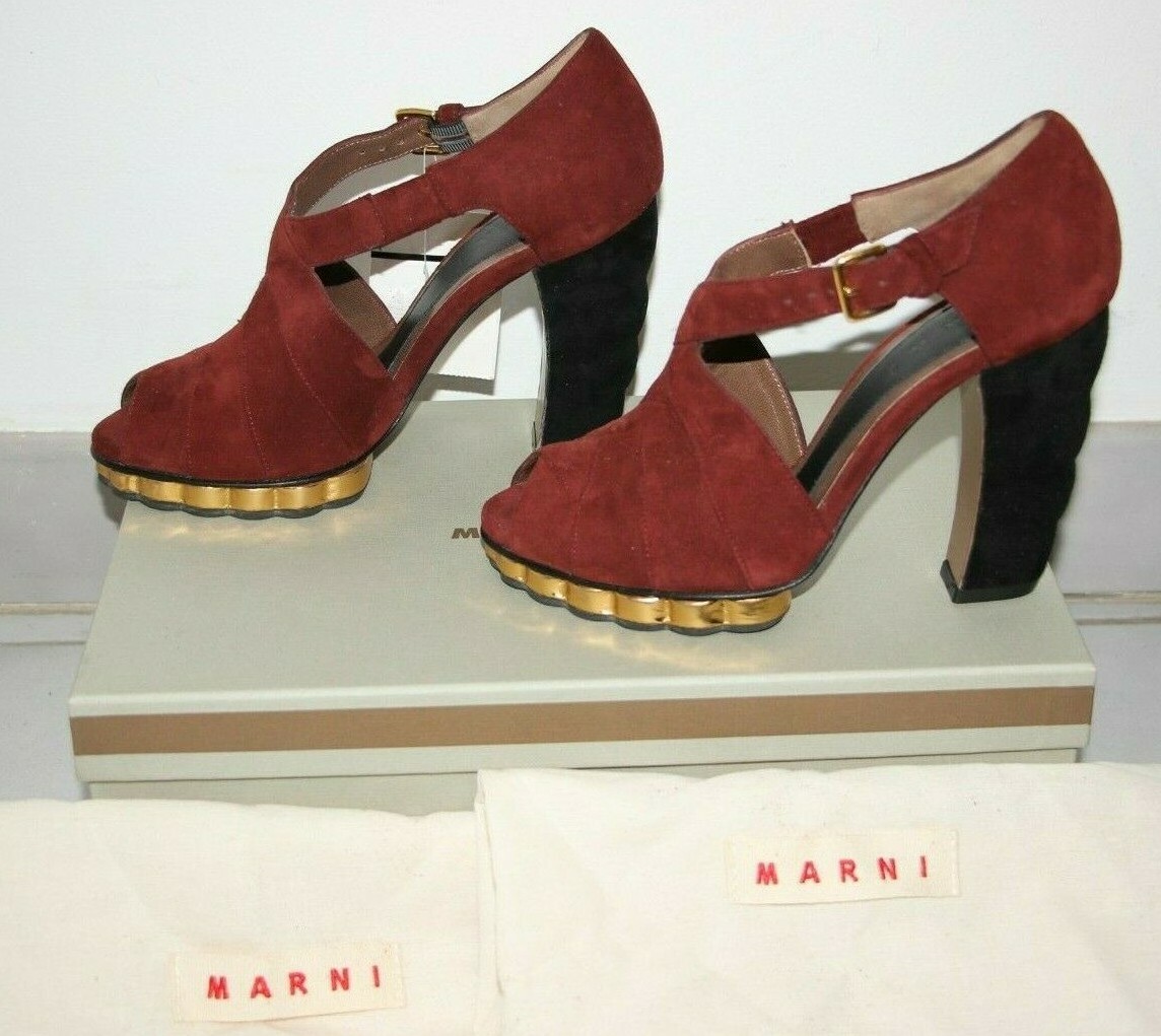 MARNI Sculptured Heels Gold Interwoven Platform Suede Sandal sz US 6/IT 36 $880