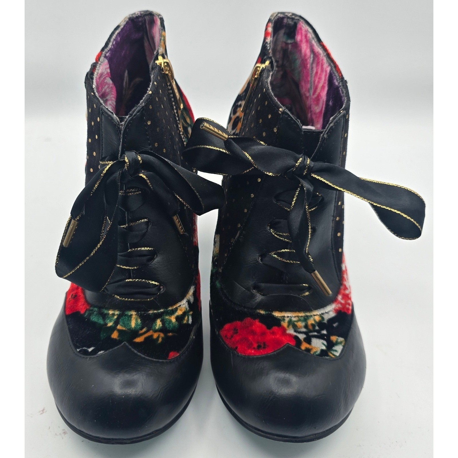 Irregular Choice Floral Velvet Ribbon Lace Ankle Boots Gold Polka Dot EU40 US 9