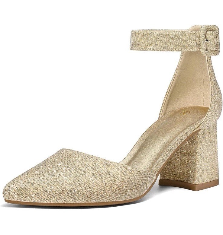 Mysoft Women’s Pointed Toe Chunky Gold Heels Size 10