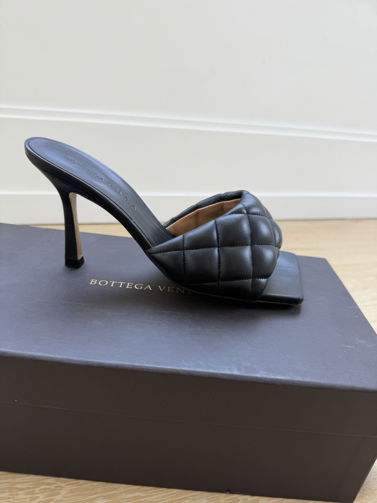Bottega Veneta Women’s Black Quilted Square Toe Matelass Mule Heels 6/36