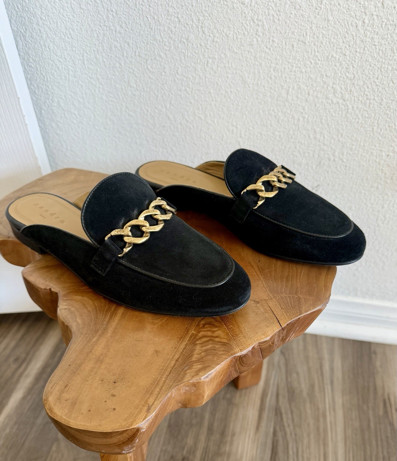 Sandro Black Suede Mules Womens 8 EU 38 Gold Chain Slip On Workwear Classic