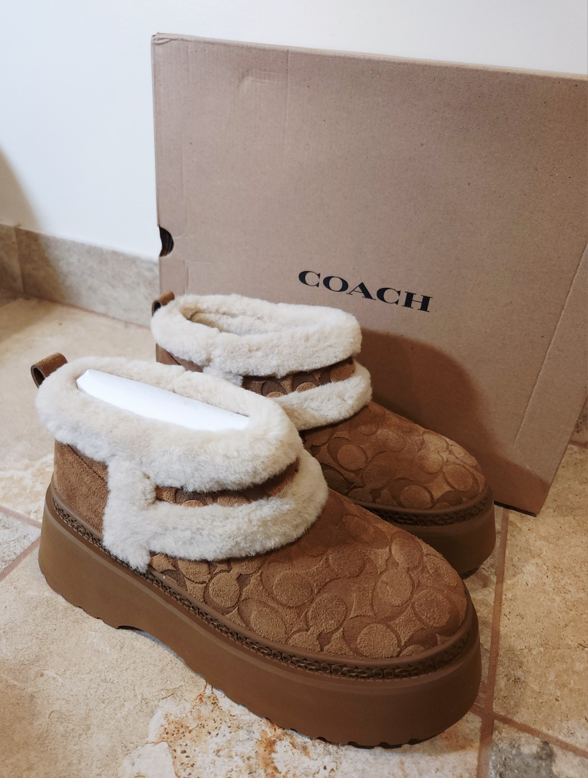 Coach Christina Signature Shearling Womens Booties Tobacco 2.5″ Lug 10 B NIB NEW