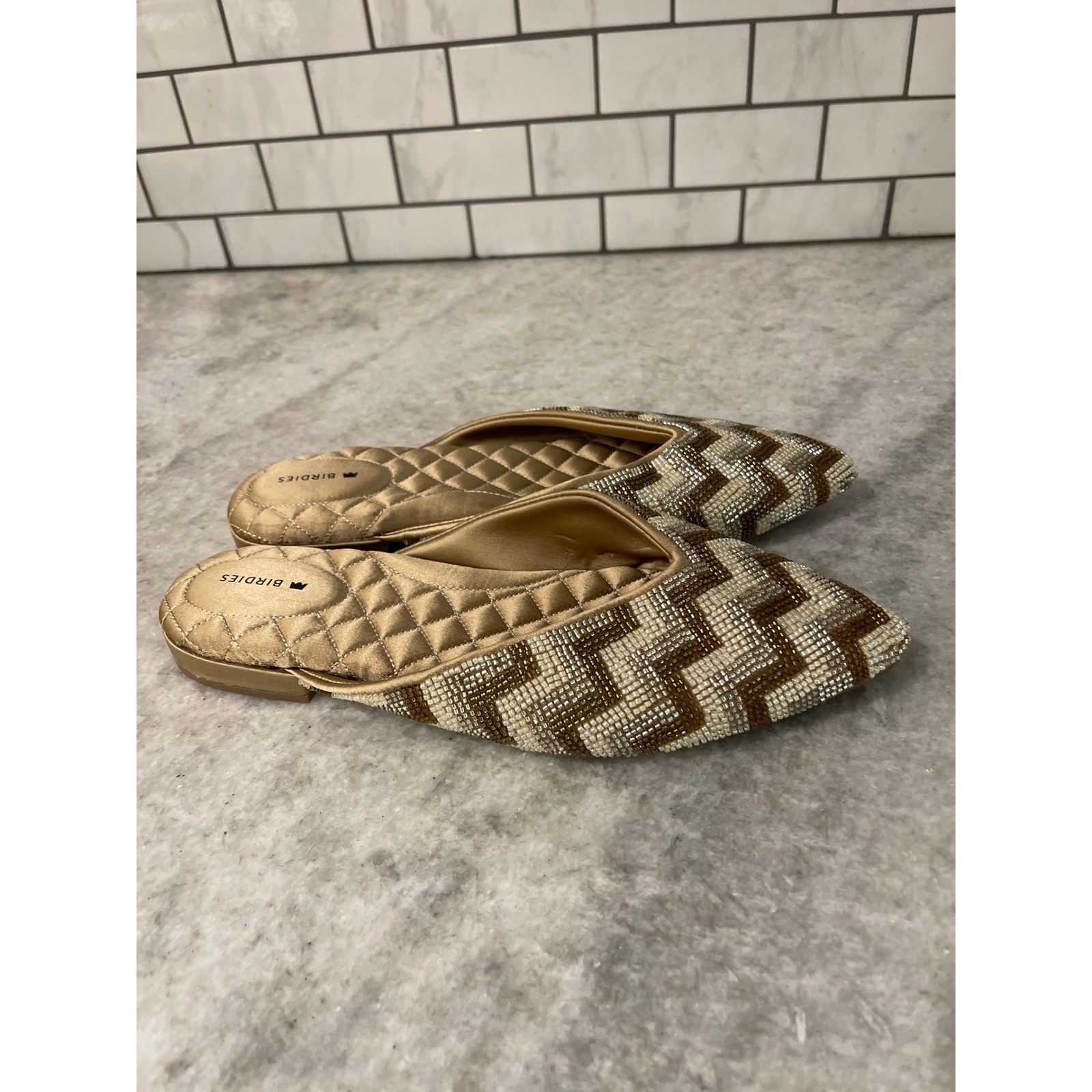 Birdies Mules Womens 8 Gold Beaded The Phoebe Chevron Pointed Toe Flats