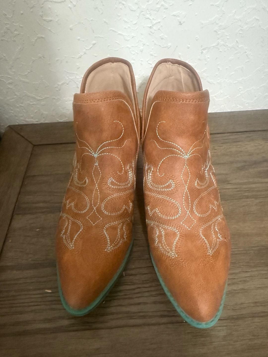 Jolimall Western Ankle Booties in Cognac Faux Leather with Embroidered Detail