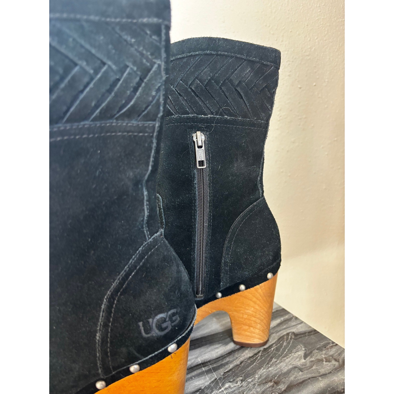 UGG Australia Black Suede Woven Clog Boots Wooden Block Heel Studded 7 Annaliza