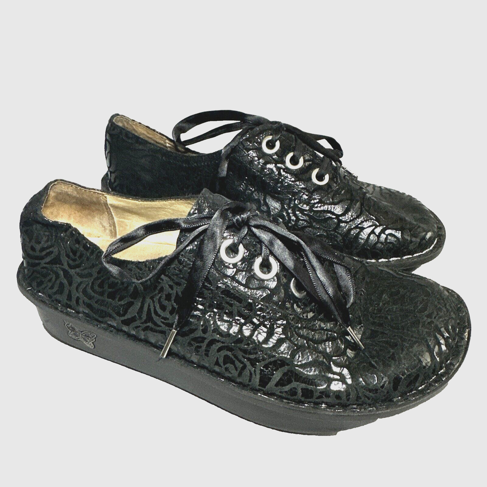 Alegria ABB-551 Black Women Leather EUR Size 36 US 6.5 Embossed Lace Up Shoes