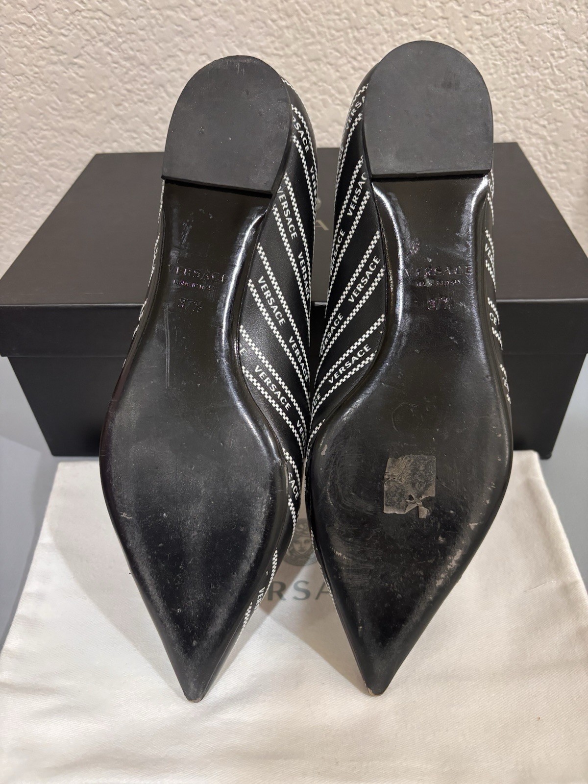 Versace Black/White Logo Striped Pointed Toe Slip-On Flats Women’s US 7.5