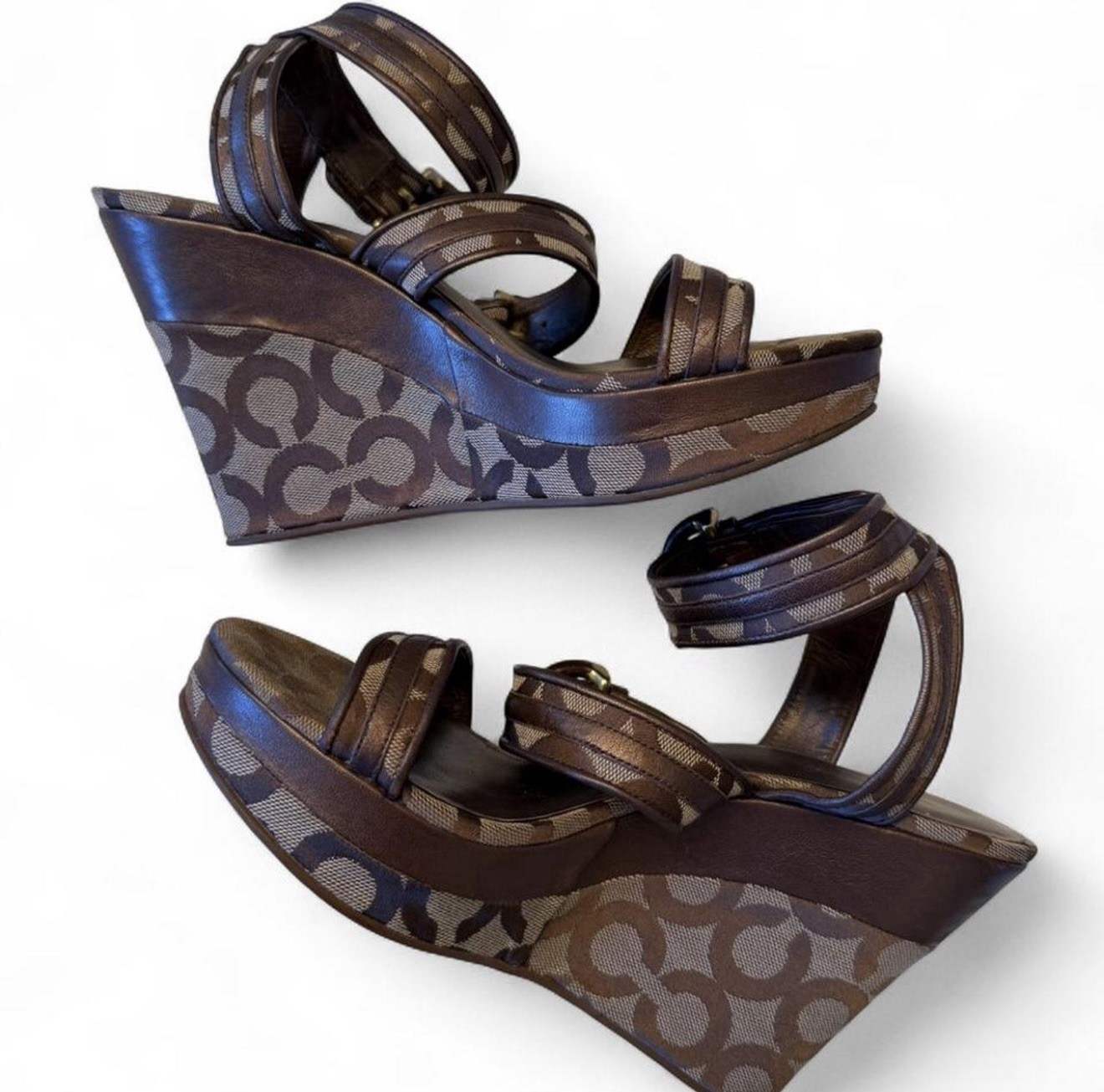 Coach Signature Brown Leather Wedge Strappy Ankle Strap Buckle Sandals 8.5