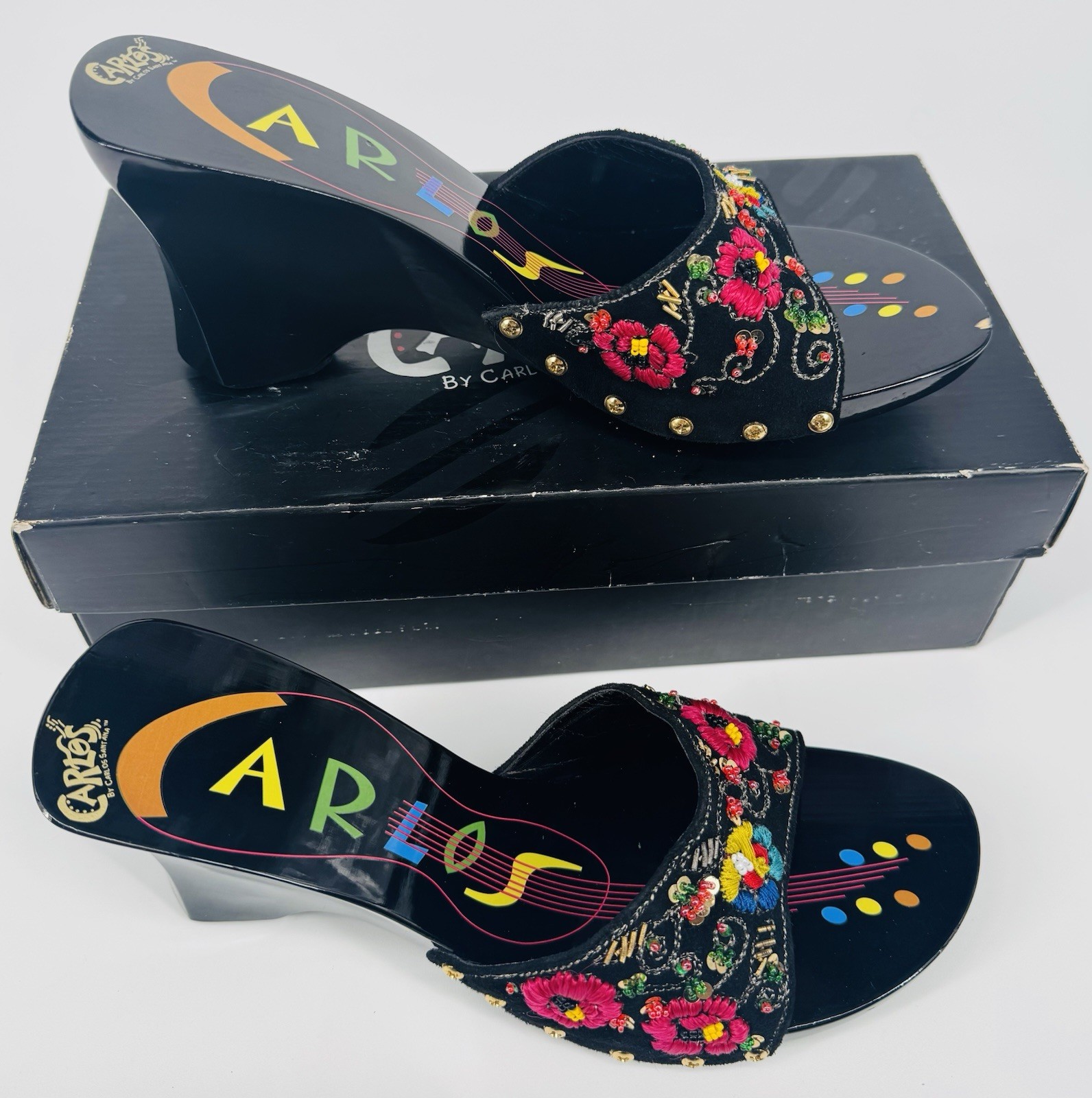 VTG Y2K Carlos by Carlos Santana Paradise Embellished Boho Suede Wedge Mules Sz9